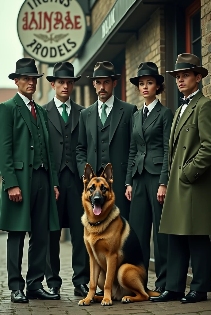 create an image which include a german shepherd dog and 3 male character 2 female character, standing near dockside pub, the scene should peaky blinders, Use colors reflecting the Irish flag's Green, White, and Orange to symbolize divisions and union.