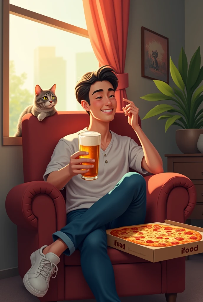 Young man sitting in an armchair with a beer in hand and a cat by his side and a pizza box written ifood