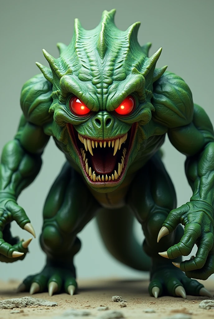 A green 3d monster print with red eyes bulging out of its face