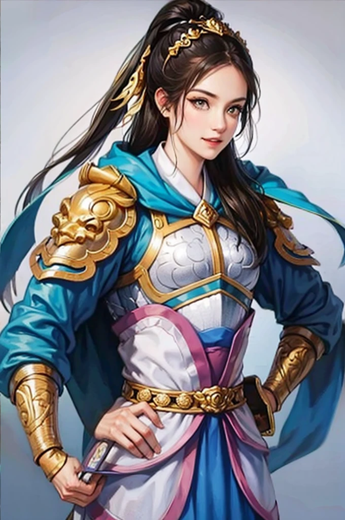 high quality、Woman in armor、beautiful girl、Holding a sword、Silver Armor、Light blue clothes、Gorgeous hair ornament、smile