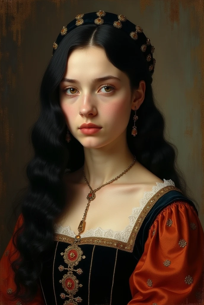 Create a Tudor-style painting of a woman with half-black hair, a serious look, as if she were the daughter of Catherine of Aragon, and it is true that it is a painting from those times