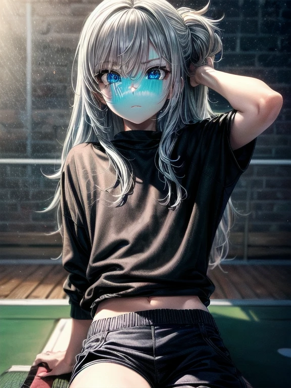 1girl, (masterpiece), best quality, expressive eyes, perfect face, anime, anime girl, ((blue eyes)), ((silver hair)), ((black sweater)), ((blue short pants)), ((black tighhigs)), ((grey tennis)), flat chest, carefree attitude, long hair