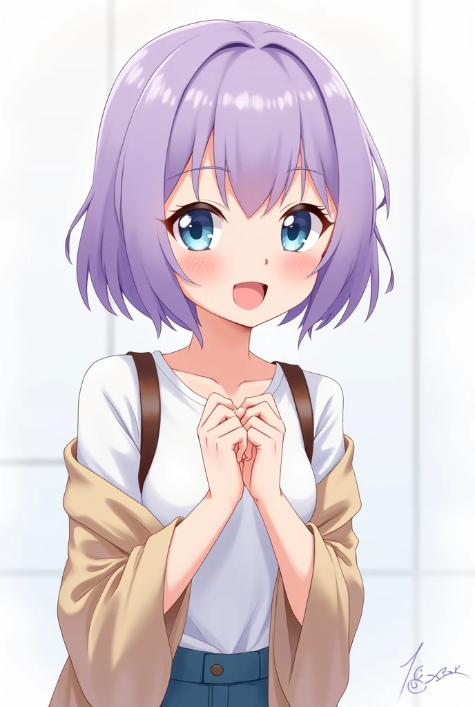 Anime girl with light purple, short hair, blue-white eyes, comfortable clothing for a and smiling