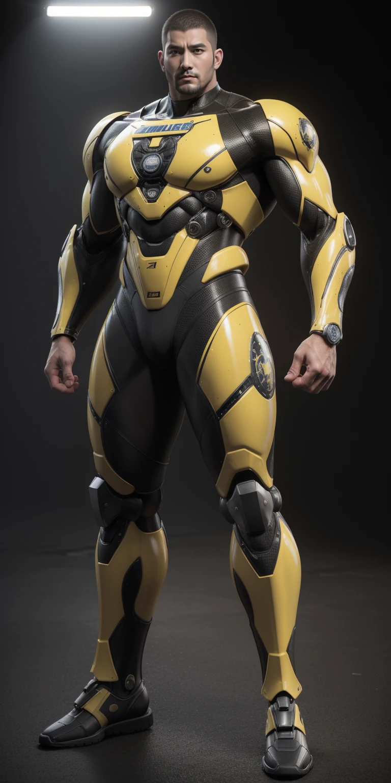 Tall giant muscular police officer,Buzz Cut,Very long legs,Yellow and black camouflage patterned nano mecha,Honeycomb pattern,Lightweight texture,Character Concept(Resident Evil - Chris Redfield,Chris Redfield)senior police officer,Small grid texture,Regular symmetrical texture pattern,Sad expression,Deep and charming eyes,Standing in a bright mechanical laboratory,Emerald Eyes Hero,Heroic male pose,高大Burly,muscular!Attractive leg muscles,High target, Burly, Heqiang, Super Buff and Coolness, High Resolution Committee, Bigfoot yellow-gray ultra-thin nano-mechanical boots,Charismatic strongman,The bright sunshine shines on you,Matte particles,Shiny texture