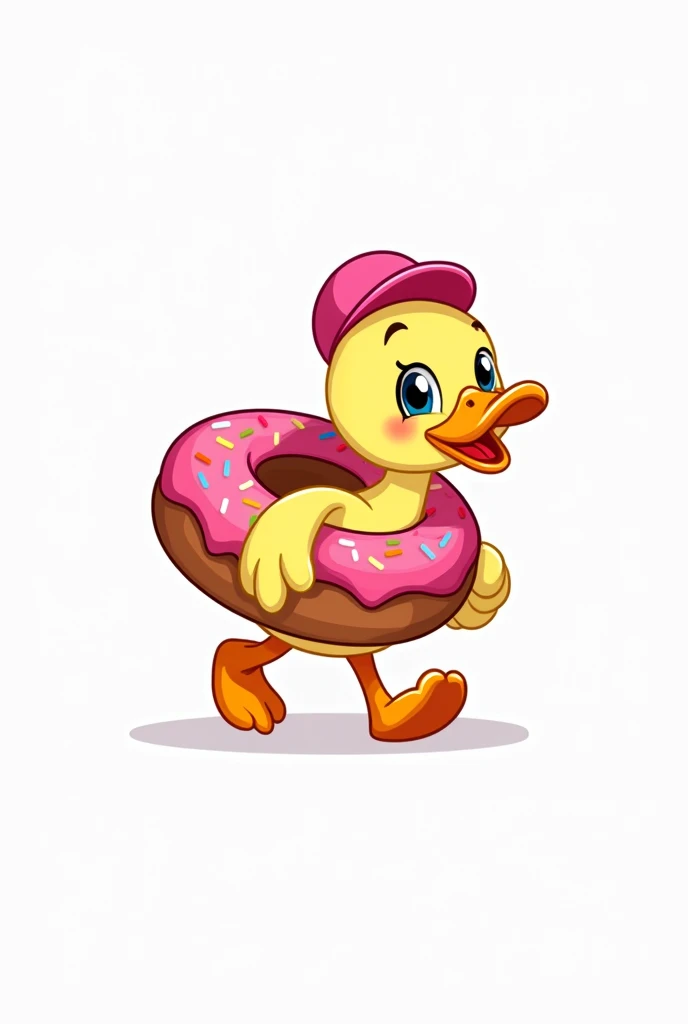 Make a logo, as a drawing, with a white background containing a brown donut with pink icing and colorful sprinkles and a duck delivering it