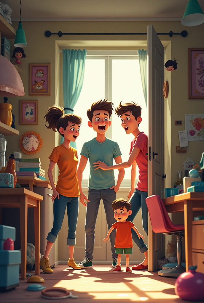 Family cramped in a small house in a funny way