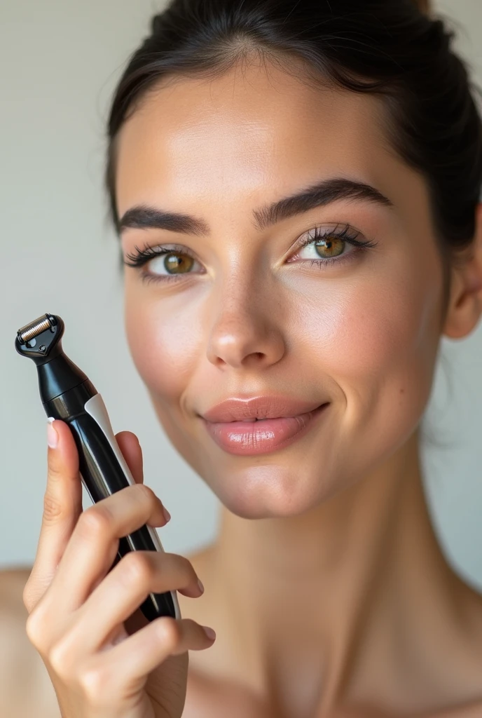 Before and after image with facial hair and with smooth skin , a woman holding a depilator