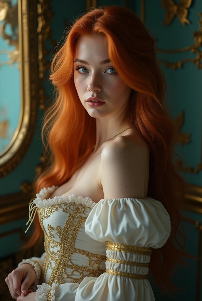 (solo, full body photo:1.3), (action packed:1.3), (haze, fog, mist:1.3), chiaroscuro, best quality, photorealistic, 1woman, (cute), (24yo:1.2), redhead, long ginger hair highly detailed, 1700'S, digital photography, art by artgerm and ruan jia and greg rutkowski surreal painting gold butterfly filigree, broken glass, (masterpiece, sidelighting, finely detailed Fashionable eyes: 1.2) (perfect oval large eyes that gazes at the viewer), beautiful detailed face, blue gorgeous perfect eyes, (blonde hair ponytail), (attractive young woman:1.3), (thick amazing hair), (seductive:1.1), (blushing:1.1)
