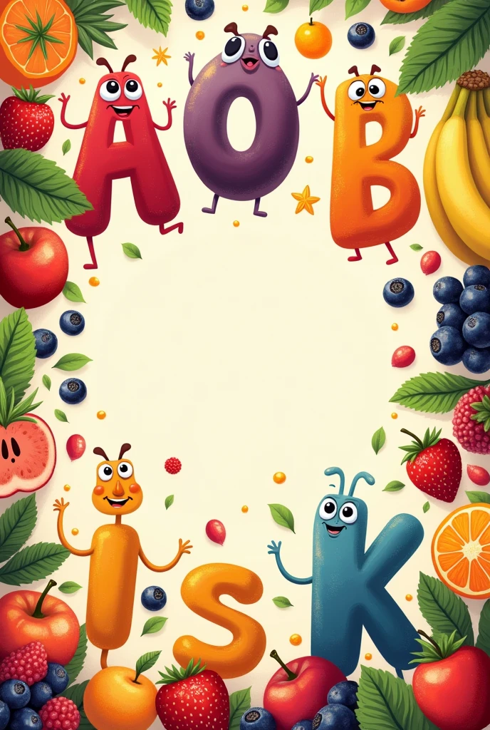 The letters A, B, c, d, It is, K next to each other smiling, happy, with various fruits around, representing the vitamins
