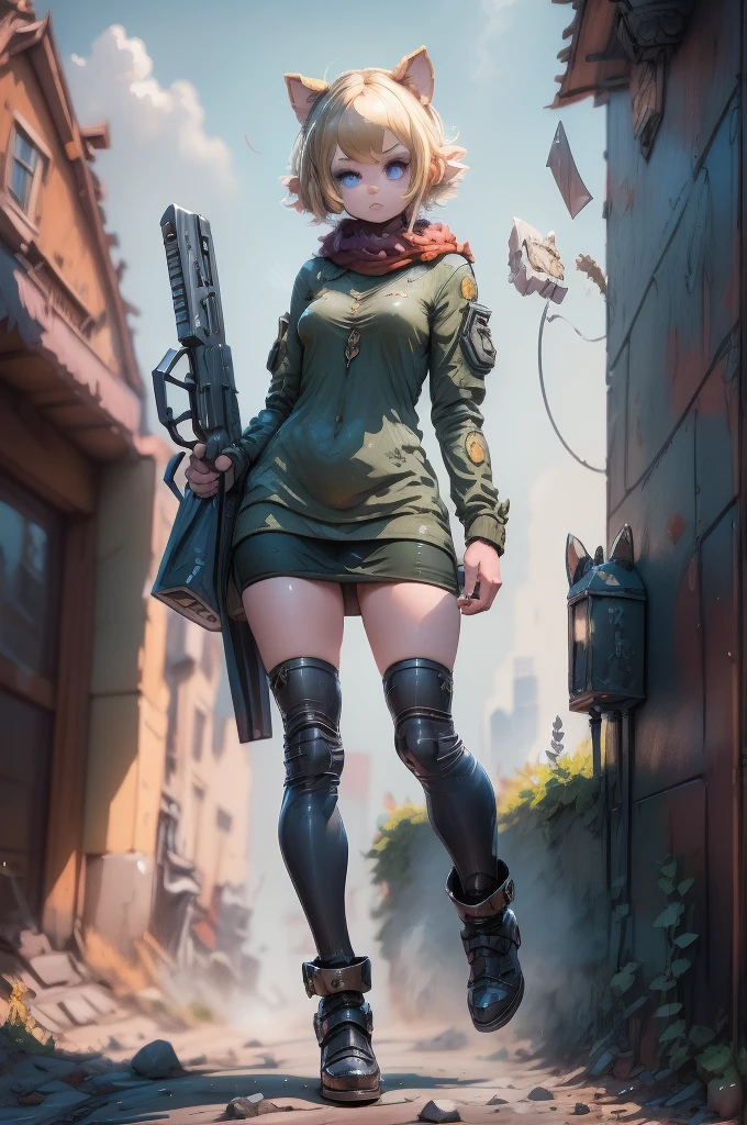 A heavily armed female soldier, giant weapon:1.3, Military camouflage pattern, rugged and battle-worn, Realistic 3D representation, Very detailed, cinematic lighting, dramatic shadows, sandy and dirty, epic scale, award-winning digital art, ultra high definition, photorealistic, masterpiece