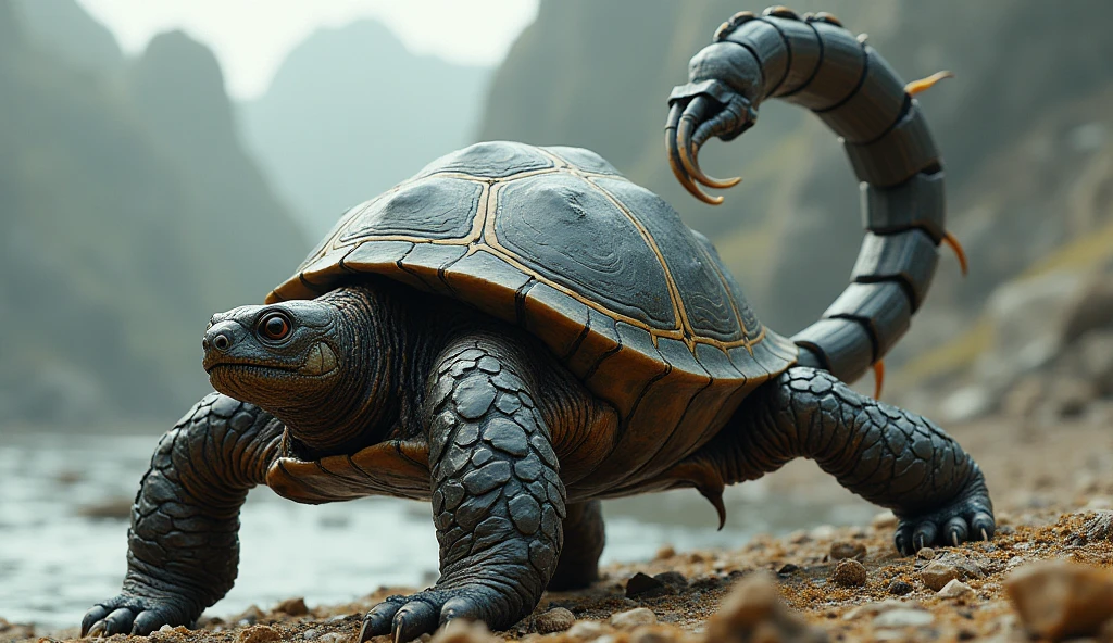 「Scorpion Turtle」
Scorpion and turtle fusion。Possesses a turtle's hard shell and a scorpion's venomous stinger、Can hide in its shell while attacking enemies with its tail。Can inhabit both the sea and land。live-action。Real。