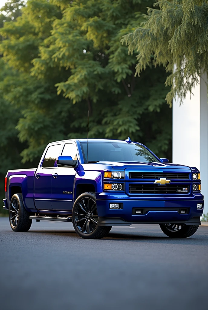 A hyper-realistic detailed image of a blue-purple, 2013 Chevy Silverado pickup truck parked on an asphalt surface, with green foliage in the background and a white structure to the right. The truck is viewed from its side, showcasing its profile with visible details such as the wheels, windows, and bodywork reflecting the surrounding environment.