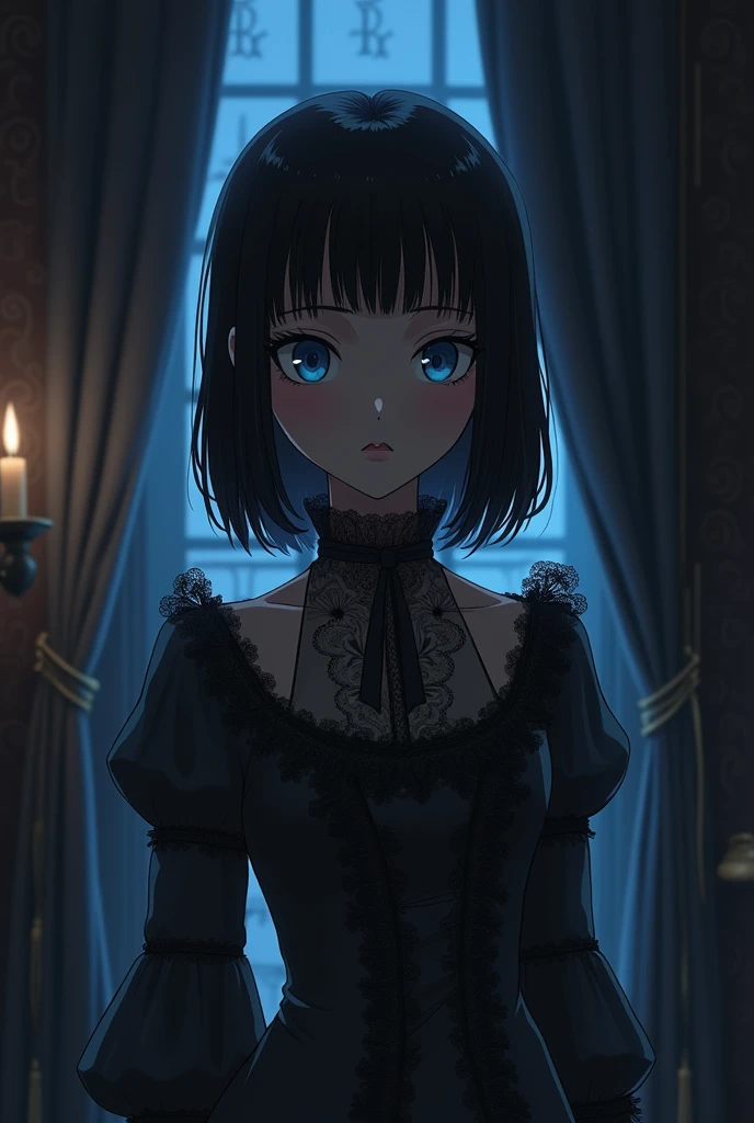 Retro anime with dark skin, straight black hair , slim, blue-eyed, short stature, dressed elegantly for a Victorian-style wake with a lost look