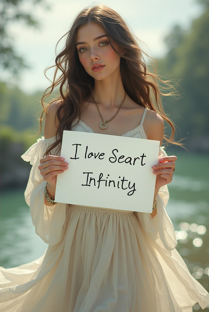 Beautiful girl with wavy long hair, bohemian dress, holding a white board with text "I Love Seaart Infinity" and showing it to the viewer