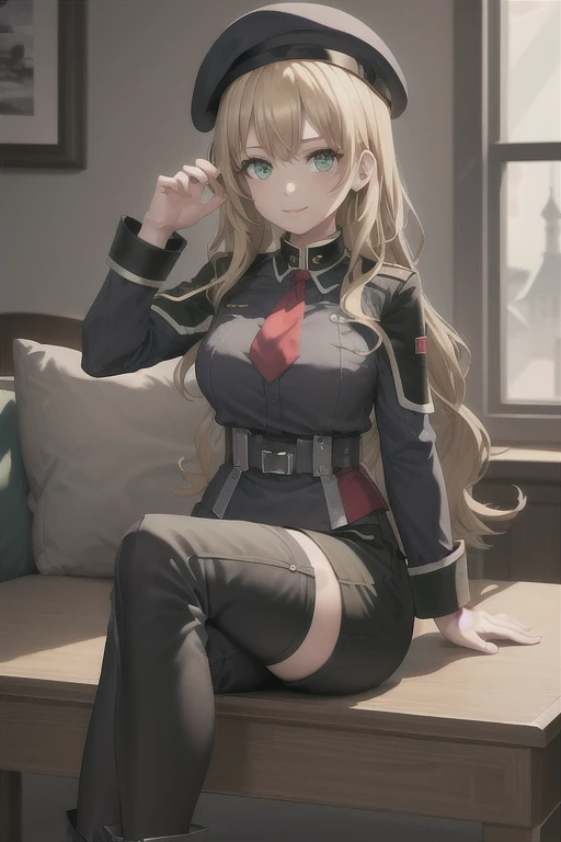 best quality, (masterpiece:1.2), illustration, absurdres,
(1girl, solo), (beautiful detailed girl),
Mireille, blond hair, long hair, green eyes, big breasts,
military uniform, black beret, grey shirt, black skirt, grey leggings, boots, red sash, red necktie,
smile, looking at viewer,
bright colors, vivid colors
sitting, couch, house, coffee table, living room,