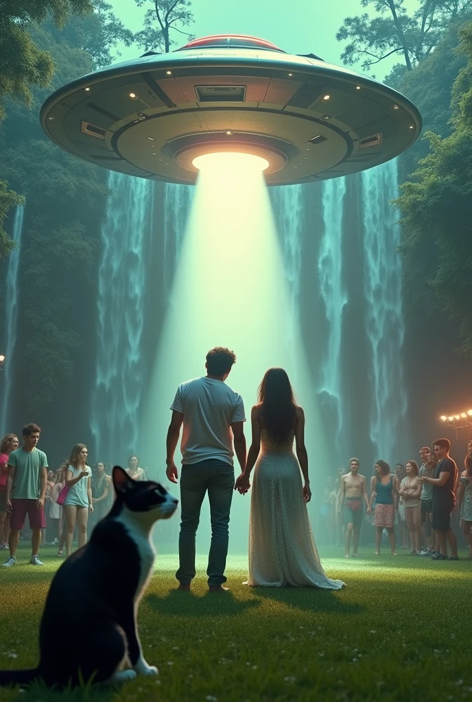 Image of a couple, a man and a woman, being abducted by a flying saucer at an outdoor psytrance rave party on a lawn and waterfall, while a black and white striped female cat takes a selfie next to the scene.