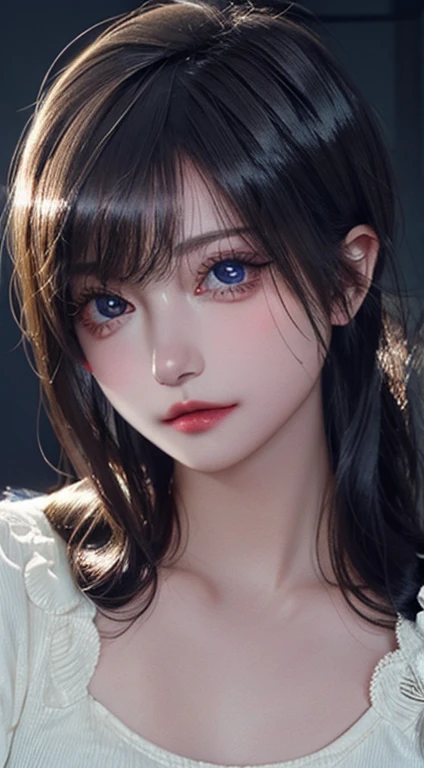 Long eyelashes, Round eyes, hair is shiny and、dark, Iris,Delicate face, Surrealism, shadowing, Anaglyph, Stereogram, viewing angle, Atmospheric perspective, 8k, Super Detail, Accurate, Highest quality,One person,On campus
