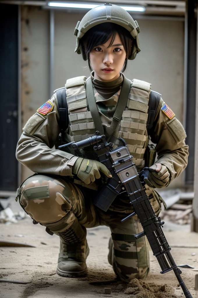 (masterpiece, ultra-detailed, ultra-realistic, best quality, clear focus, photorealistic), (ultra-high resolution, 8k:1.3), cinematic color-grading film, dramatic scenes, shadow, global-illumination, perfect ???????, perfect face, (detailed face, detailed eye:1.3), (Japanese blonde punk rock girl:1.2), (experienced soldier:1.2), professional light, (boyish cool Japanese face:1.3), (Fully equipped for battle:1.3), (holding m4a1 large assault rifle:1.4), (long barrel rifle:1.3), (Strong willed expression:1.2), (afraid:1.3), (wearing a very cute punk rock styled soldier's outfits made of leather with military helmet:1.2), slim waist, (at a battle field of Abandoned Building at night), flash light, (explosion:1.4), very large breasts, tactical vest, military harness, (squatting), (long boots:1.3), face focus