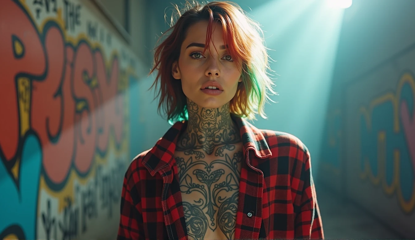 upper body portrait, The raw essence of a tattooed street style icon, soaked in rebellious energy, Wear an oversized flannel shirt, Vibrant graffiti as wallpaper, Avant-garde fashion, sense, confident look, colorful hair, Rays of light pierce the fog. camra nikon Zfc, Sigma art 18mm, kodak film, hyper realistic