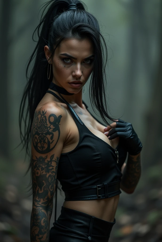 A beautiful woman in a black and white striped shirt, dark skirt, and brown boots, long dark hair tied in a ponytail, fierce expression, detailed tattoos on her arms, photorealistic, highly detailed, 8k, dynamic action pose, dramatic lighting, cinematic, dark fantasy, moody atmosphere, muted color palette