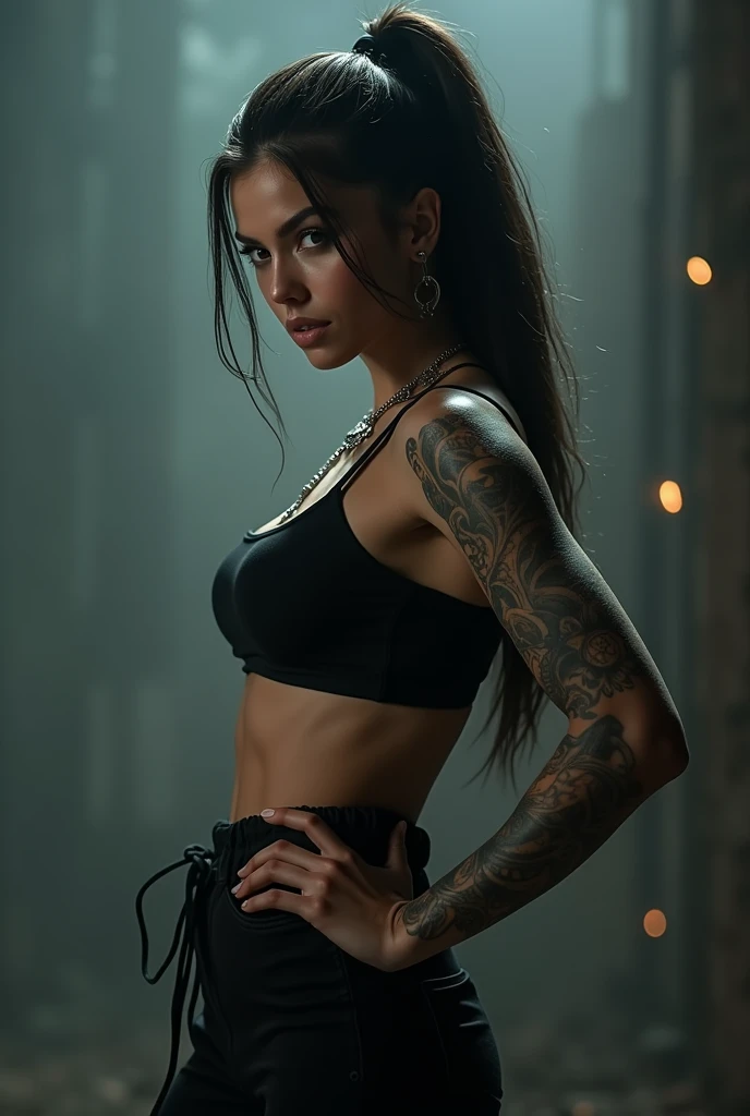 A beautiful woman in a black and white striped shirt, dark skirt, and brown boots, long dark hair tied in a ponytail, fierce expression, detailed tattoos on her arms, photorealistic, highly detailed, 8k, dynamic action pose, dramatic lighting, cinematic, dark fantasy, moody atmosphere, muted color palette