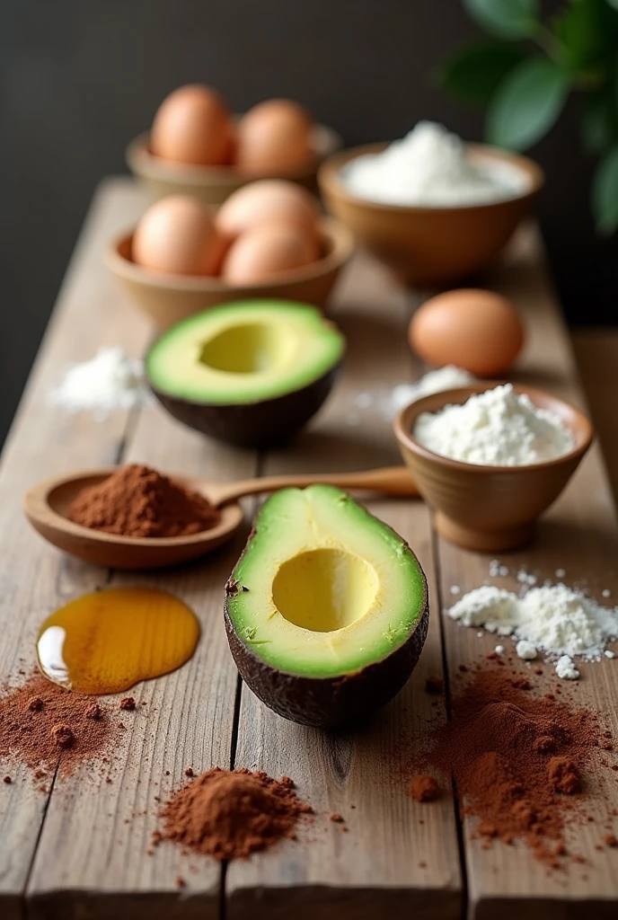 make a long table that has avocado, Honey, flour, eggs, cacao powder