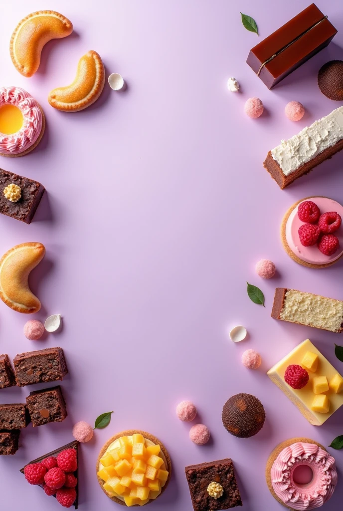 create three Instagram posts, size 4:4 so that when they are combined it looks like a complete image, with a lilac background and the following desserts appearing around the entire edge: Half-moon shaped cajeta empanadas, brownies, cheesecake, flan, cakes