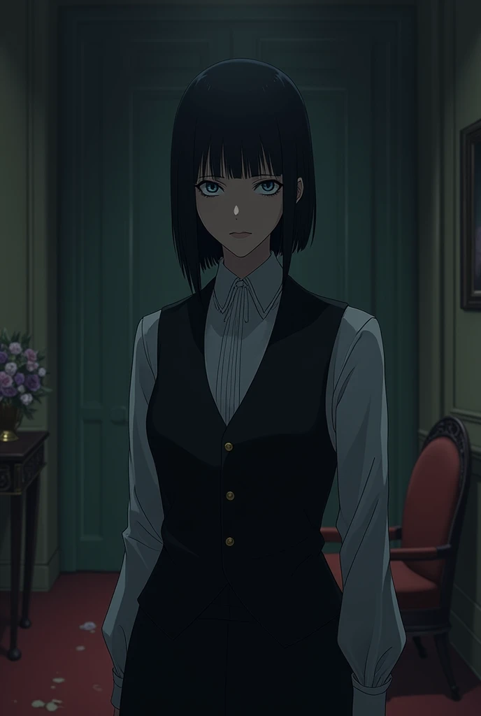 Retro anime with dark skin, straight black hair , slim, blue-eyed, short stature, dressed elegantly for a Victorian-style wake with a blank, dull look