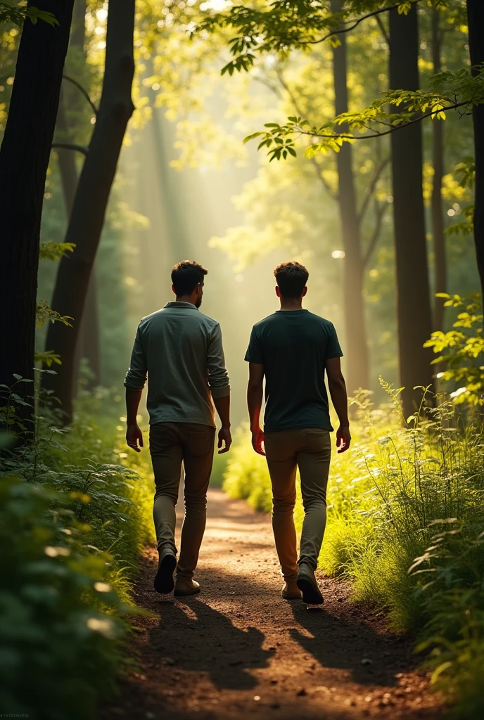In a quiet, secluded forest, two men in their early thirties walk side by side along a narrow, winding trail. The forest is serene, with tall trees rising around them, their leaves creating a soft rustling sound as a gentle breeze passes through. The late afternoon sunlight filters through the canopy, casting long shadows across the path and giving the forest a warm, golden hue.