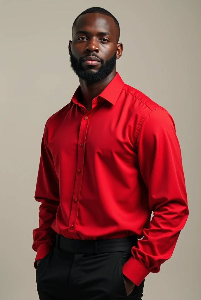 Create a Black student with a beard and shaved head, wearing a red shirt and black pants.


