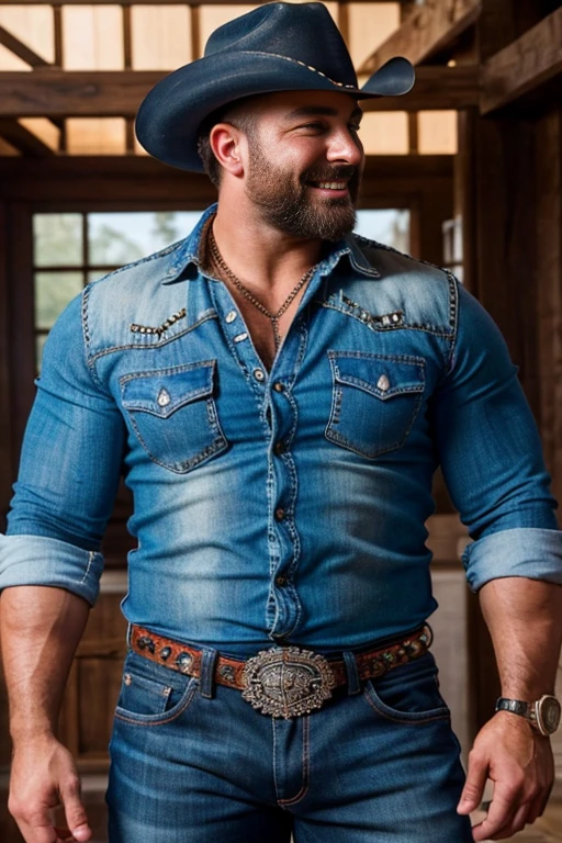 (((HdR))) handsome turco man burly bodybuilder big butts close up in tight studded jeans,  strong muscular legs , with a blue plaid shirt and cowboy hat,  Ultra realistic masterpiece high detail 8k large belt buckle , Profile con joyería de oro y brazaletes fondo de estudio con bigote , smiling chain necklace chubby, Bear, (Profile),   (25 years  ) perfect eyes and hands ((( perfect face)))  hairy chest, in the rodeo