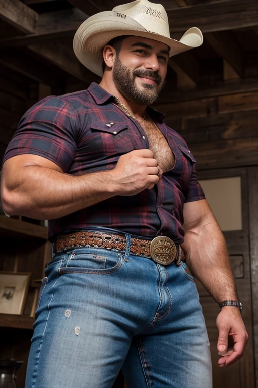 (((HdR))) handsome Lebanese man burly bodybuilder sitting close up in tight studded jeans, sunglasses strong muscular legs big bulge, with a beige plaid shirt and cowboy hat, Ultra realistic masterpiece high detail 8k large belt buckle , Profile con joyería de oro y brazaletes fondo de estudio con bigote , smiling chain necklace chubby, Bear, (Profile), (25 years ) perfect eyes and hands ((( perfect face))) hairy chest