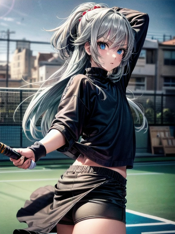 1girl, (masterpiece), best quality, expressive eyes, perfect face, anime, anime girl, ((blue eyes)), ((silver hair)), ((black sweater)), ((blue short pants)), ((black tighhigs)), ((grey tennis)), flat chest, carefree attitude, long hair