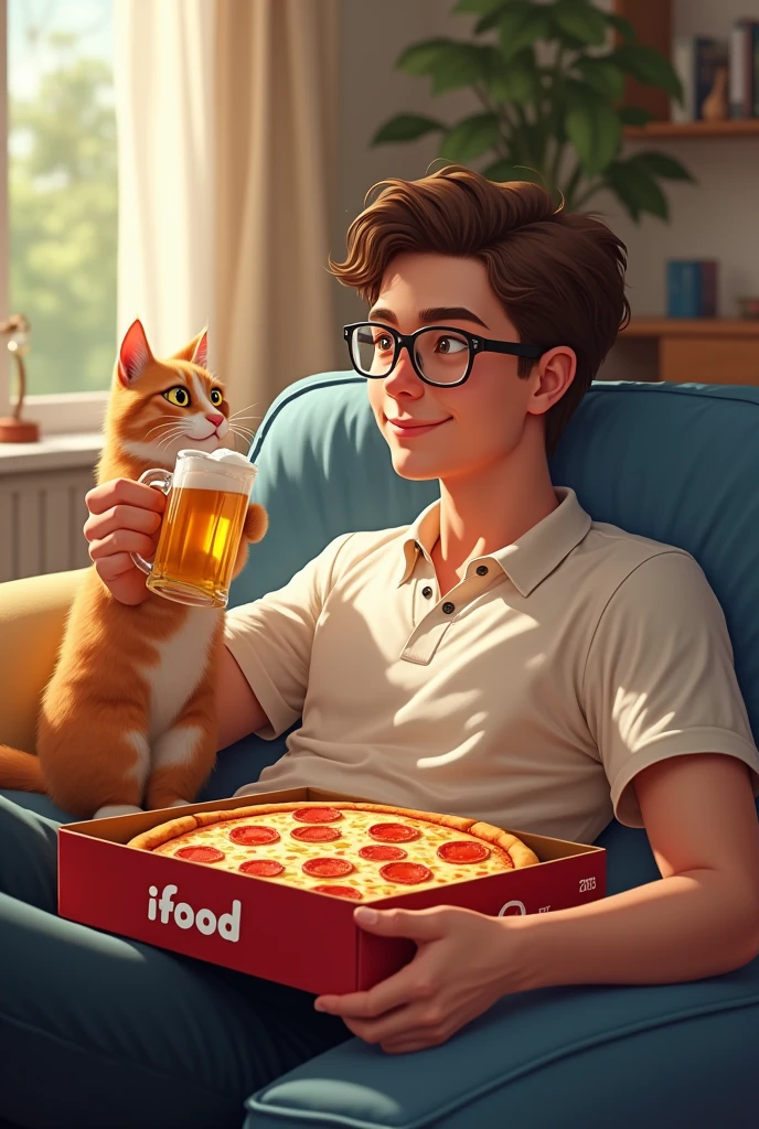 Young man, with glasses, with a beer in hand and a cat next to it and a pizza box with the word ifood written on it