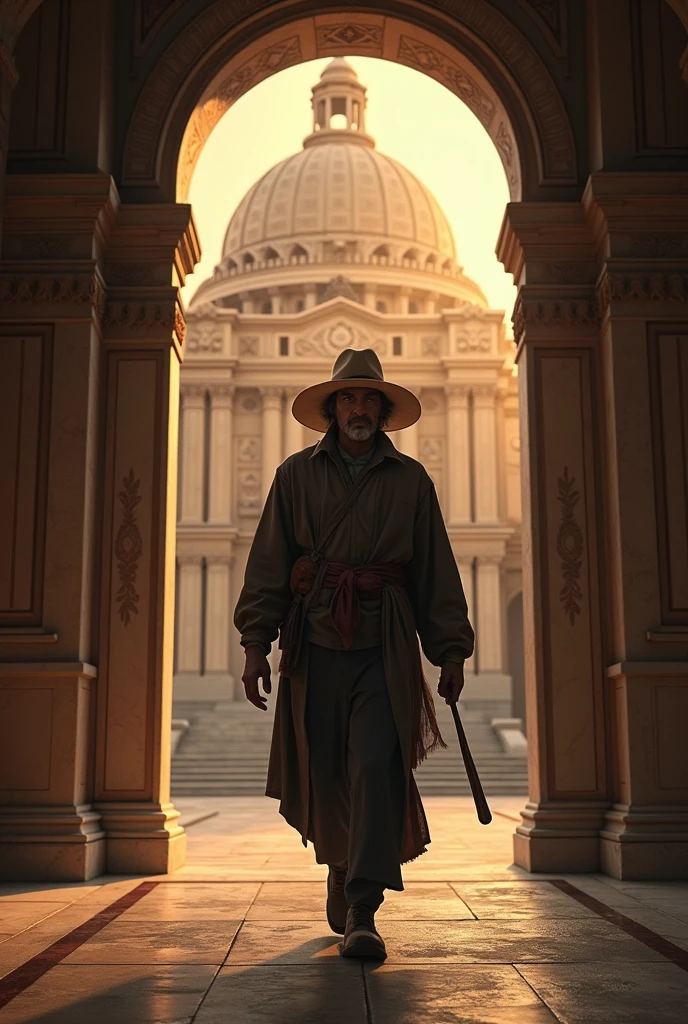The man with the quena leaves the palace.