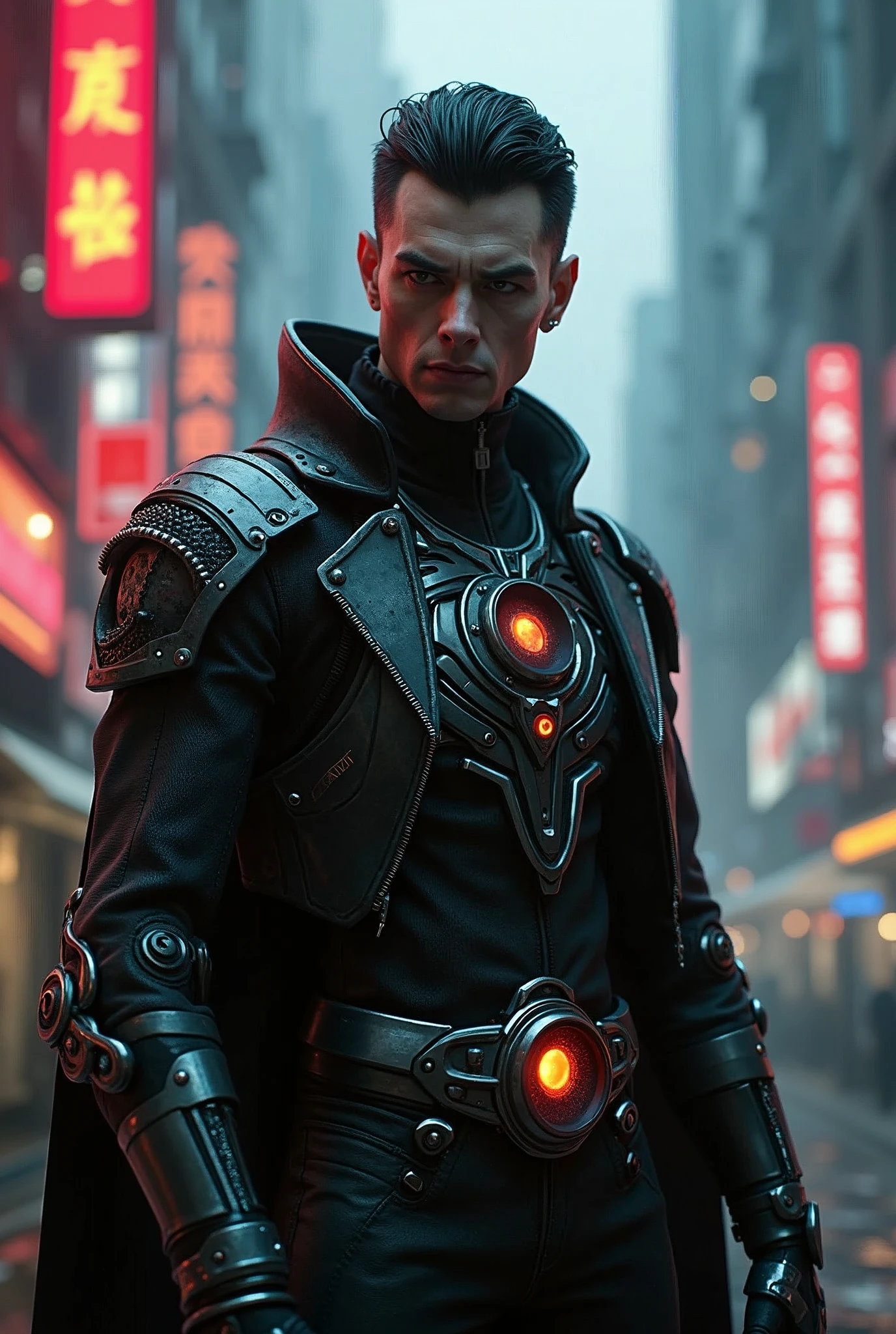 a vampire man with robot parts, cyberpunk street, Blade Runner style, dark moody lighting, neon lights, gritty, detailed, cinematic, atmospheric, (best quality,8k,ultra-detailed,photorealistic:1.4),dramatic lighting,advanced technology,moody and atmospheric,intricate details,dramatic shadows,neon city,futuristic setting,intricate mechanical parts,dynamic pose,intense gaze,metallic textures,glowing elements