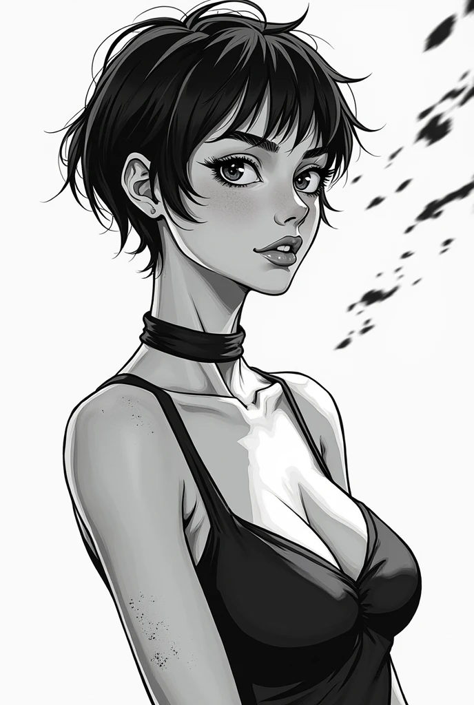 Brazilian girl (skin loss) with bangs, posing for playboy (full body image) in black and white manga style