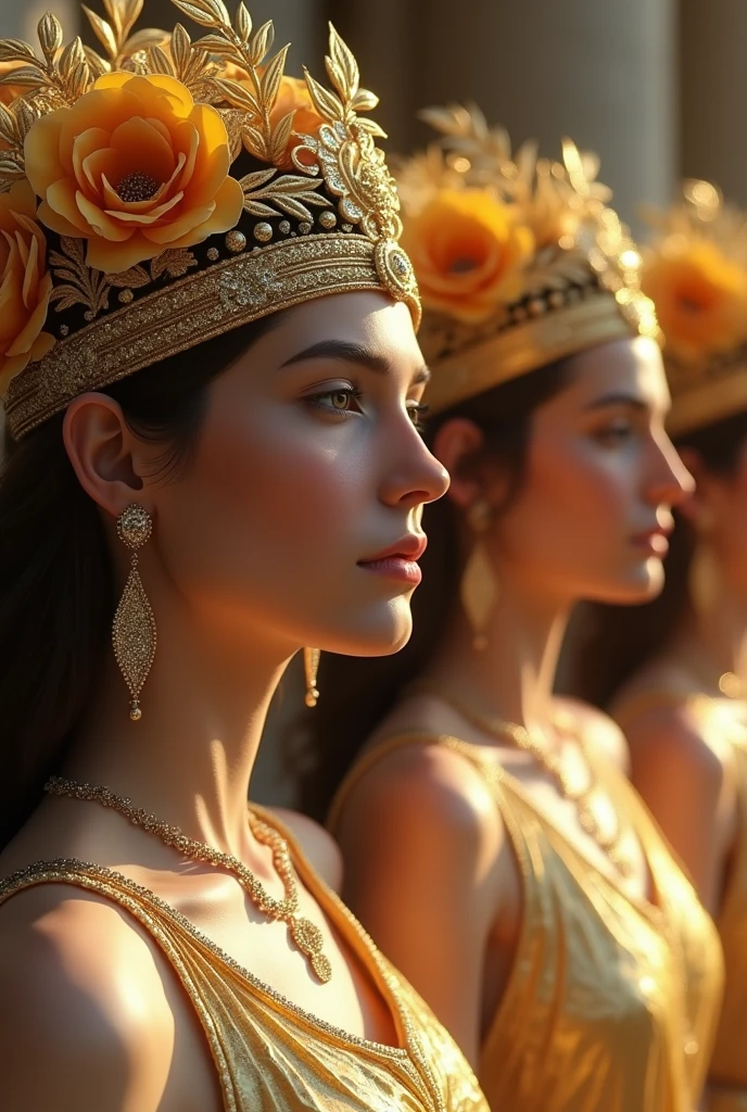 With golden crowns with flowers of ancient Greece,with golden sparkles