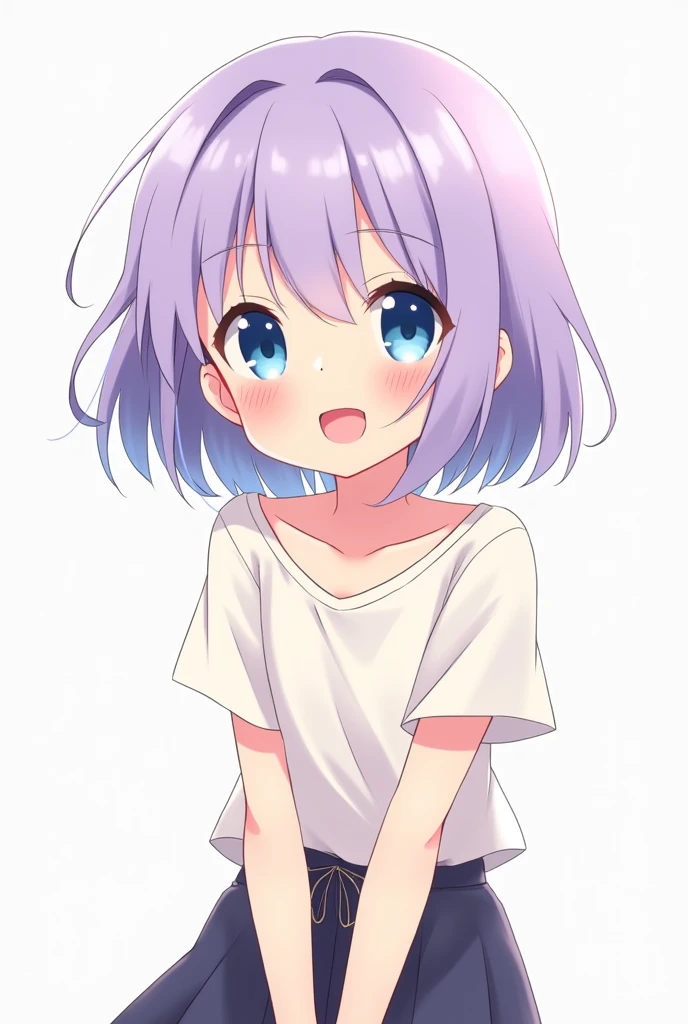 Anime girl with light purple, short hair, blue-white eyes, comfortable clothing for a and smiling