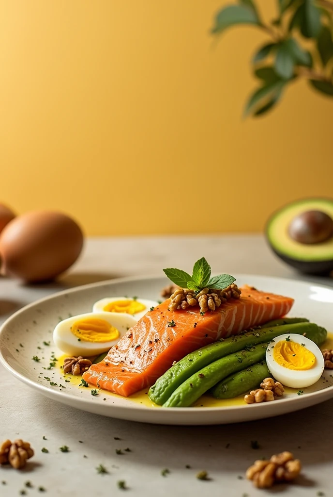 A delicious and colorful keto dish (like avocados, eggs, salmon, walnuts) in the foreground with a minimalist and warm background