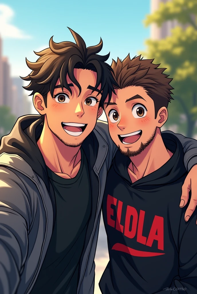 Two friends taking a selfie, one should have relatively short hair with a goatee and the other should have slightly longer wavy hair and should be taller than the other friend. manga style drawing. Both must be men and the one with slightly longer, wavy hair should be taller.. 
The taller friend should have slightly longer wavy hair and should be wearing a jacket and a black sweatshirt.; The other friend, who is a little shorter, should have a goatee beard., He should be wearing a black sweatshirt with red letters.


