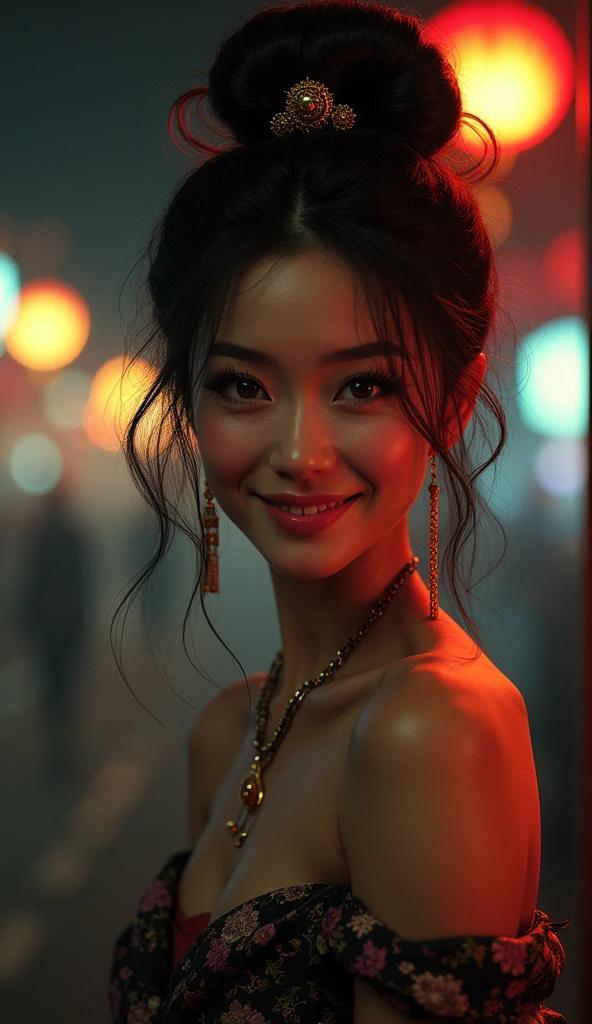 8K, masterpiece, raw photo, best quality, realistic, extremely detailed CG unity 8K wallpaper, depth of field, cinematic light, lens flare, ray tracing, (very beautiful face, beautiful lips, beautiful eyes), A face with intricate details, ((highly detailed skin)) 1 woman, in the dark, deep shadows, pretty asian girl, Idol,(Very slim, slender fit and muscular body.:1.3), ((looking at viewer)),(big smile:1.3), (cityscape, blurred background), (rushlight, rooftop, veranda), Pretty Woman, earring, bracelet, necklace, clear eyes, walking , Frontal shots, (pale skin), heading forward, (big eyes), ((full body shot)), ((Pink silk)), ((See-through red sleeping gown:1.3)), (very huge hairbun) , The size of the bun is 6 times the size of his head, a very large traditional bun hair bun , (looking at viewer:1.3), open chest, open your belly button, medium chest, shine , (see through, red pajamas :1.3), veranda, (naked), (Lace stockings), turn around, ((back shot))