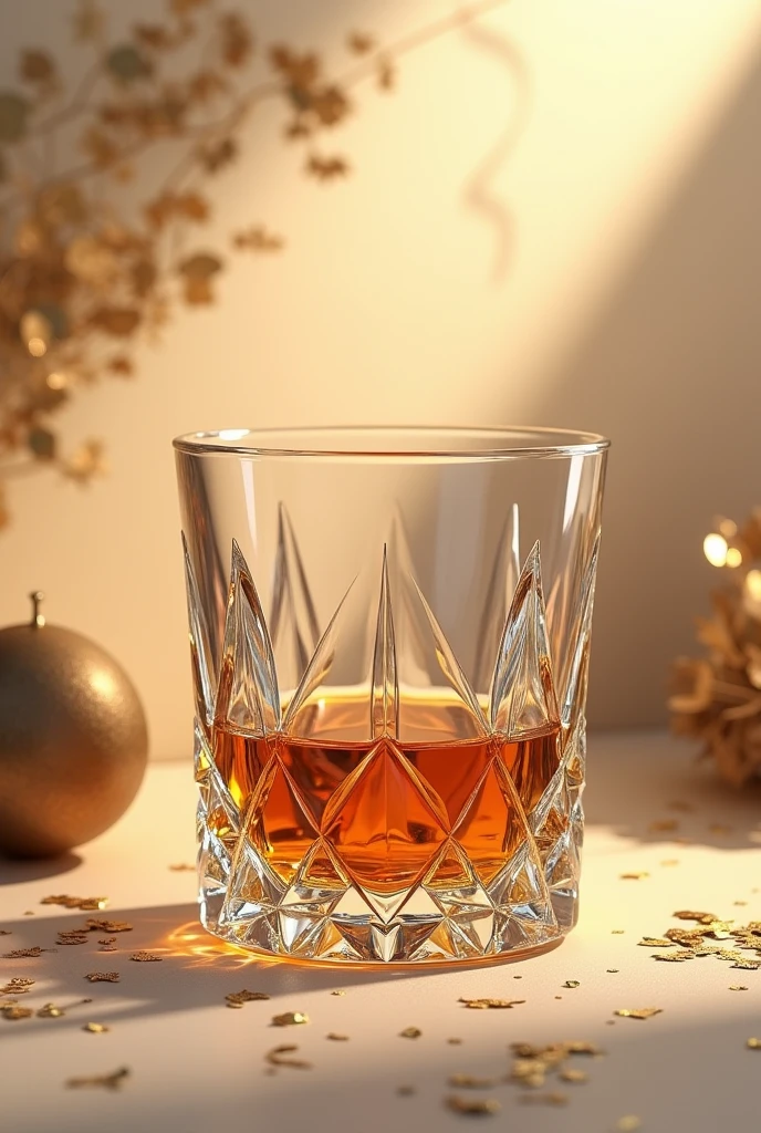 show a short glass of wiskey with cristals details with a beige background with many details and a shadow
