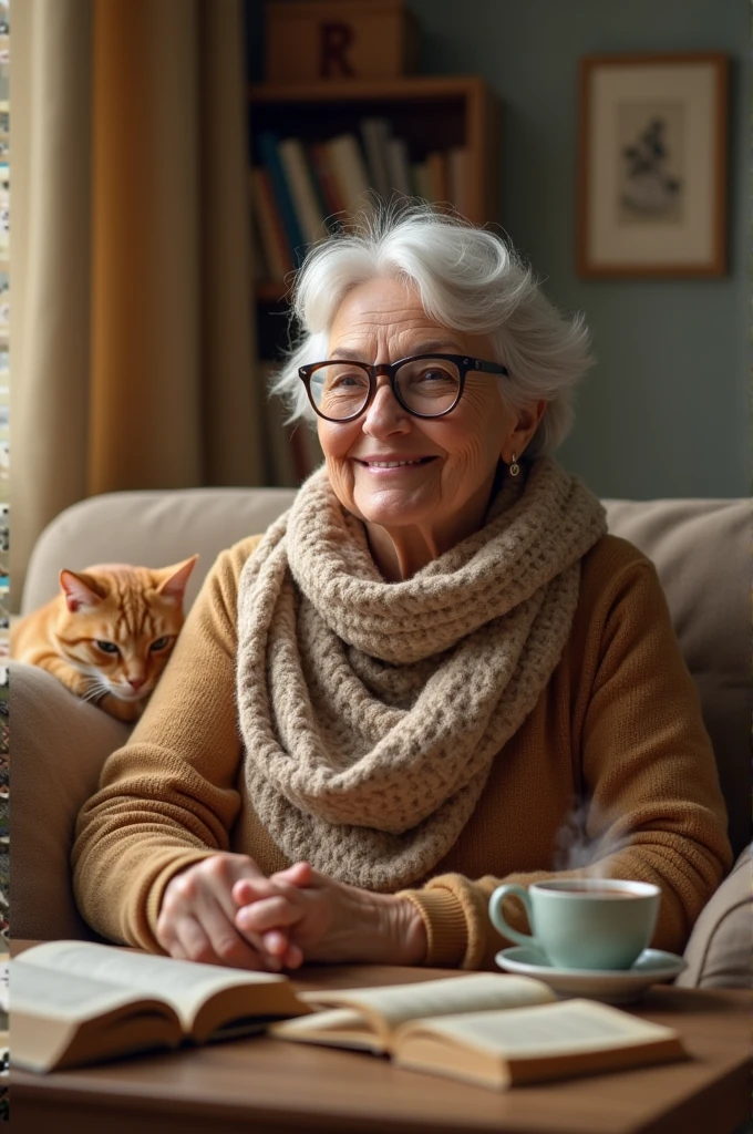 Happy woman with a scarf and glasses living alone