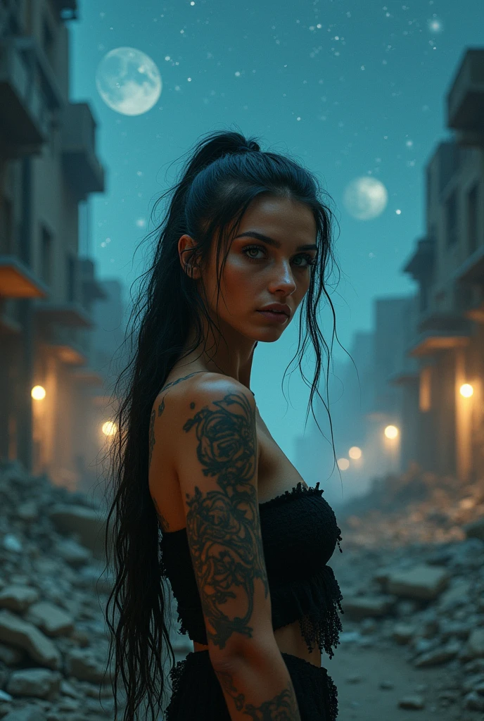 ((High definition, Masterpiece, 8k, Digital Photography, Digital Art)), ((Dark illumination)), contrast, white illumination, A gorgeous priestess who is the embodiment of Aquarius, sexy face, tanned skin, tattoos, ((Looking at viewer)), stars at the sky, in the middle of an abandoned city