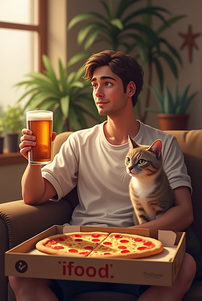 Young man with a beer in his hand and a cat by his side, and a pizza box with the ifood logo.