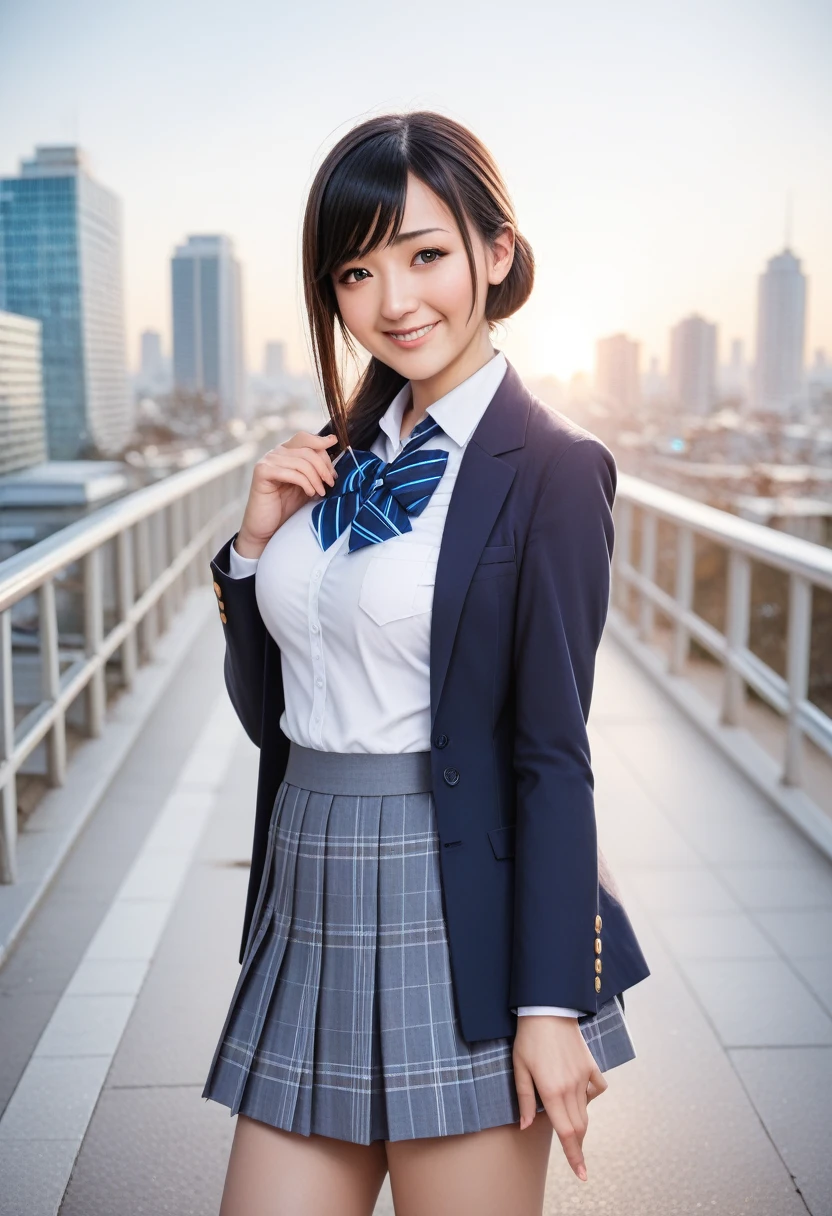 8k, raw photo, best quality, masterpiece, realistic, photo realistic, clear, professional lighting, beautiful face, best quality,ultra high res, realistic japanese beautiful, Super detailed, detailed fingers, solo,  1girl,  swept bangs, shiny hair, detailed hair, medium breasts, curvy, scenery,  school uniform, city, sad smile