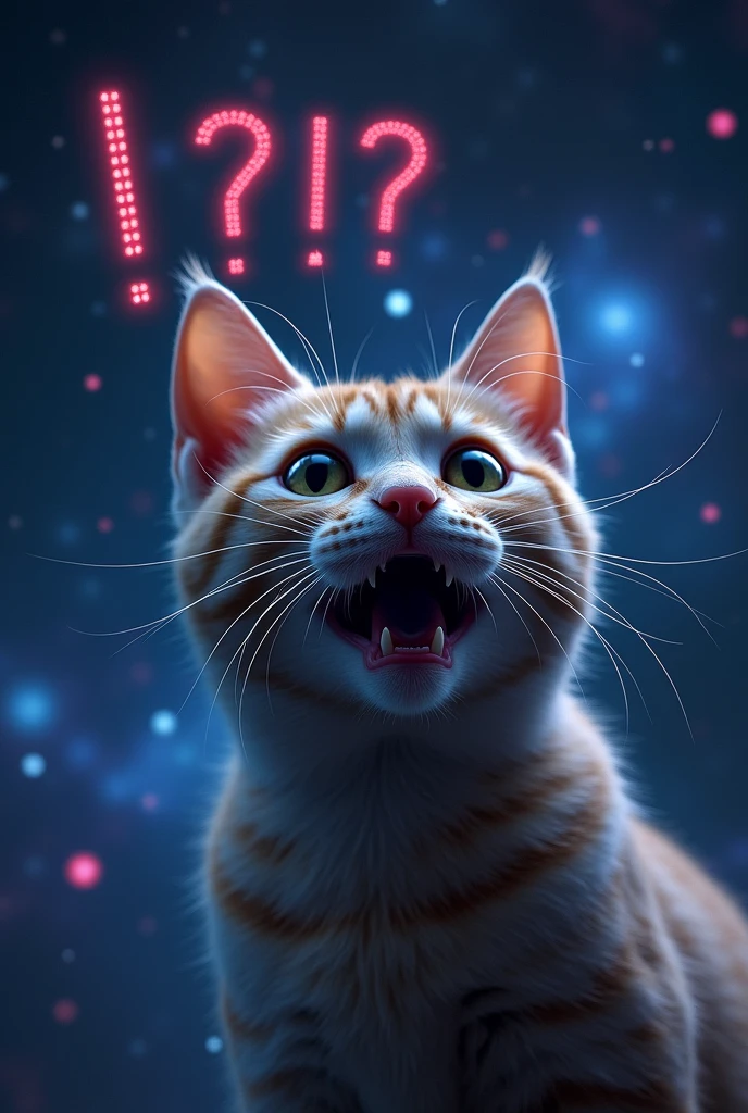 Close-up of a scared cat, outer space in the background (stars and galaxies shining beautifully), space cat, big "!?" on the screen is written in big letters on the screen, shouting the cover group will soon be celebrating their anniversary, spread the word