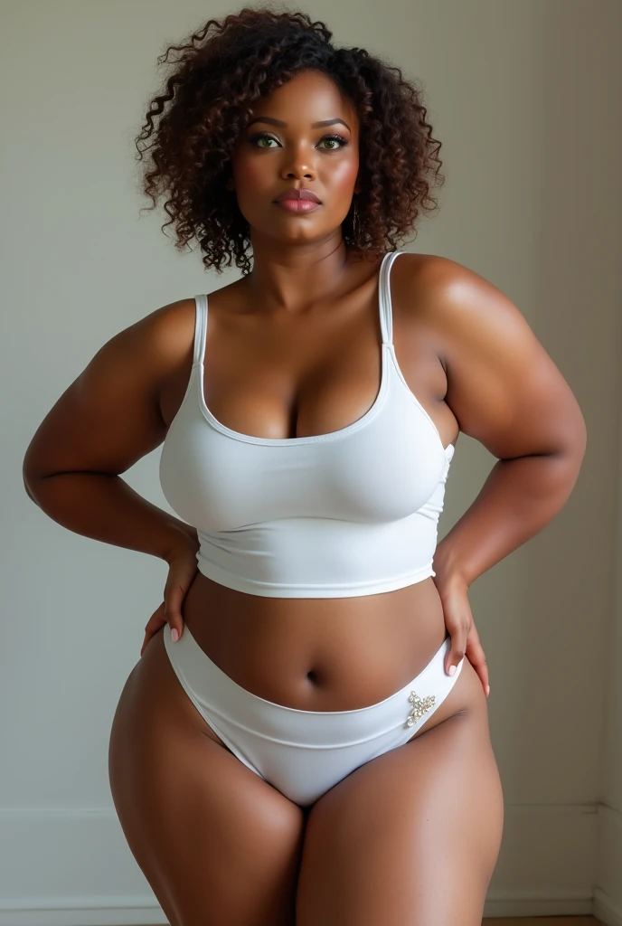 Best quality, solo woman, dark brown skin, very curvy, thick body, pretty, massive , , smiling, short curly brown hair side part, green eyes, white tank top, tight booty shorts, full lips, , mature