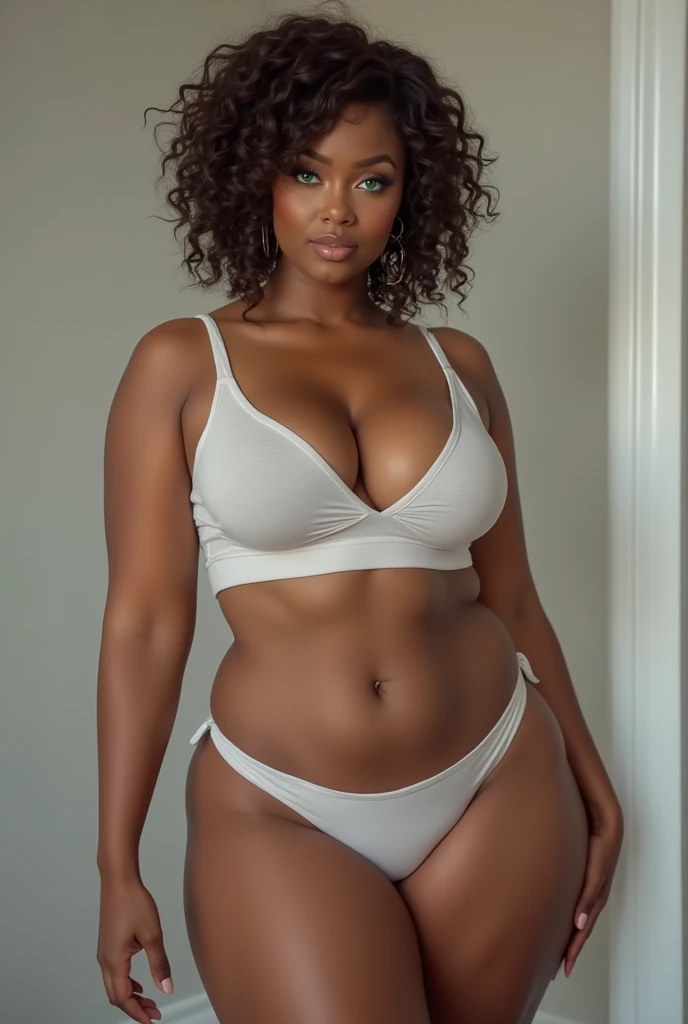 Best quality, solo woman, dark brown skin, very curvy, thick body, pretty, massive breasts, massive ass, smiling, short curly brown hair side part, green eyes, white tank top, tight booty shorts, full lips, seductive, mature